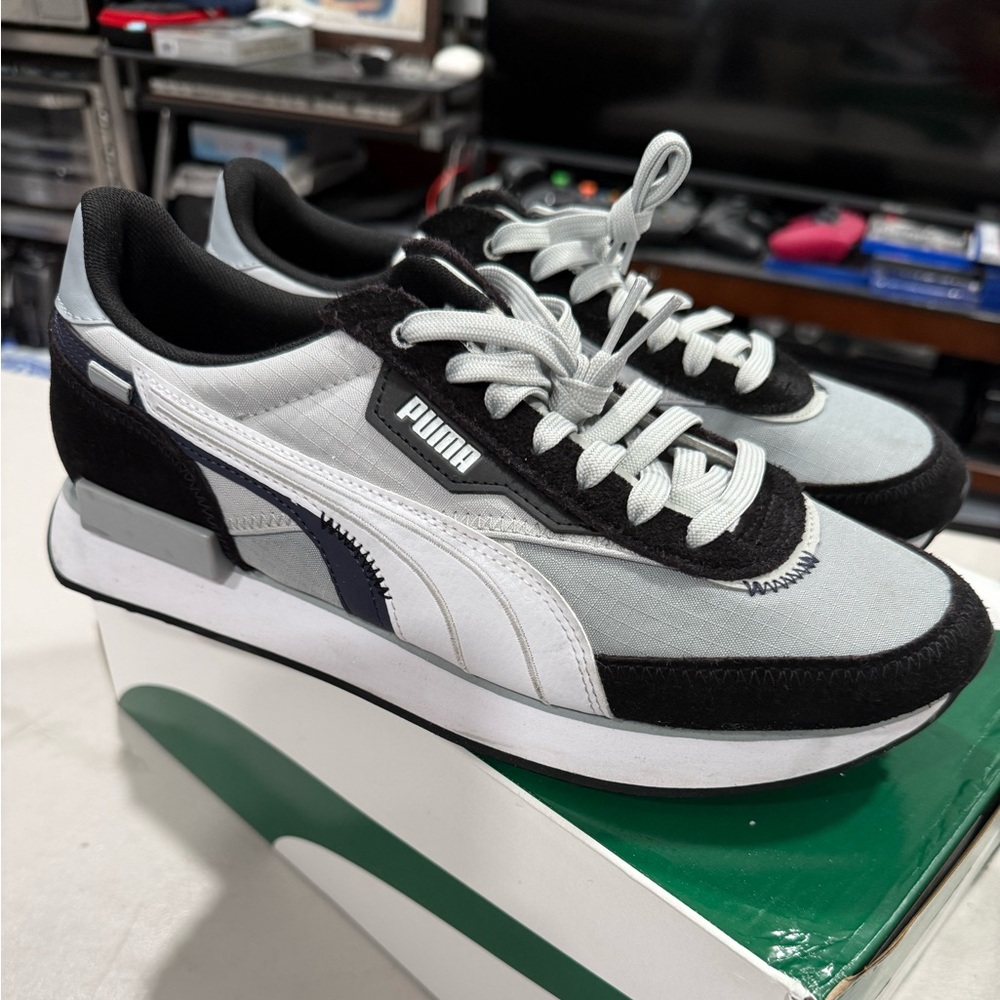 Puma Future Rider Displaced Men's Black, White, and Gray Sneakers Size 10.5